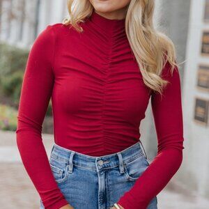 Lush Ruched Long Sleeve Top in Red